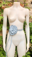 Flower leather belt in light blue - gray. Waist, overall or dress belt. Soft blue genuine leather. Blue rose belt. Large blue flower.