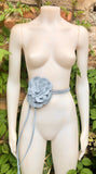 Flower leather belt in light blue - gray. Waist, overall or dress belt. Soft blue genuine leather. Blue rose belt. Large blue flower.