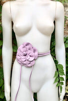 Flower leather belt in light purple. Waist, overall or dress belt. Genuine leather. Mauve rose belt. Large light lavender purple flower.