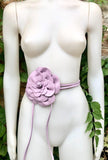 Flower leather belt in light purple. Waist, overall or dress belt. Genuine leather. Mauve rose belt. Large light lavender purple flower.