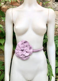 Flower leather belt in light purple. Waist, overall or dress belt. Genuine leather. Mauve rose belt. Large light lavender purple flower.
