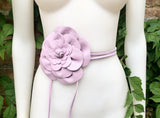 Flower leather belt in light purple. Waist, overall or dress belt. Genuine leather. Mauve rose belt. Large light lavender purple flower.