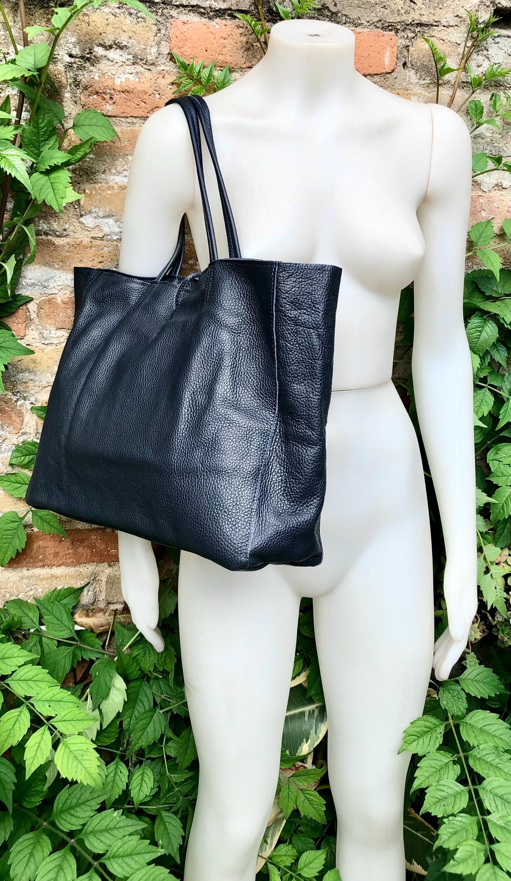 NAVY blue leather bag with zipper. Genuine leather wide style navy shopper. Large DARK BLUE shoulder bag for your laptop, books. Navy purse