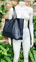 NAVY blue leather bag with zipper. Genuine leather wide style navy shopper. Large DARK BLUE shoulder bag for your laptop, books. Navy purse