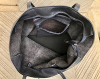 NAVY blue leather bag with zipper. Genuine leather wide style navy shopper. Large DARK BLUE shoulder bag for your laptop, books. Navy purse