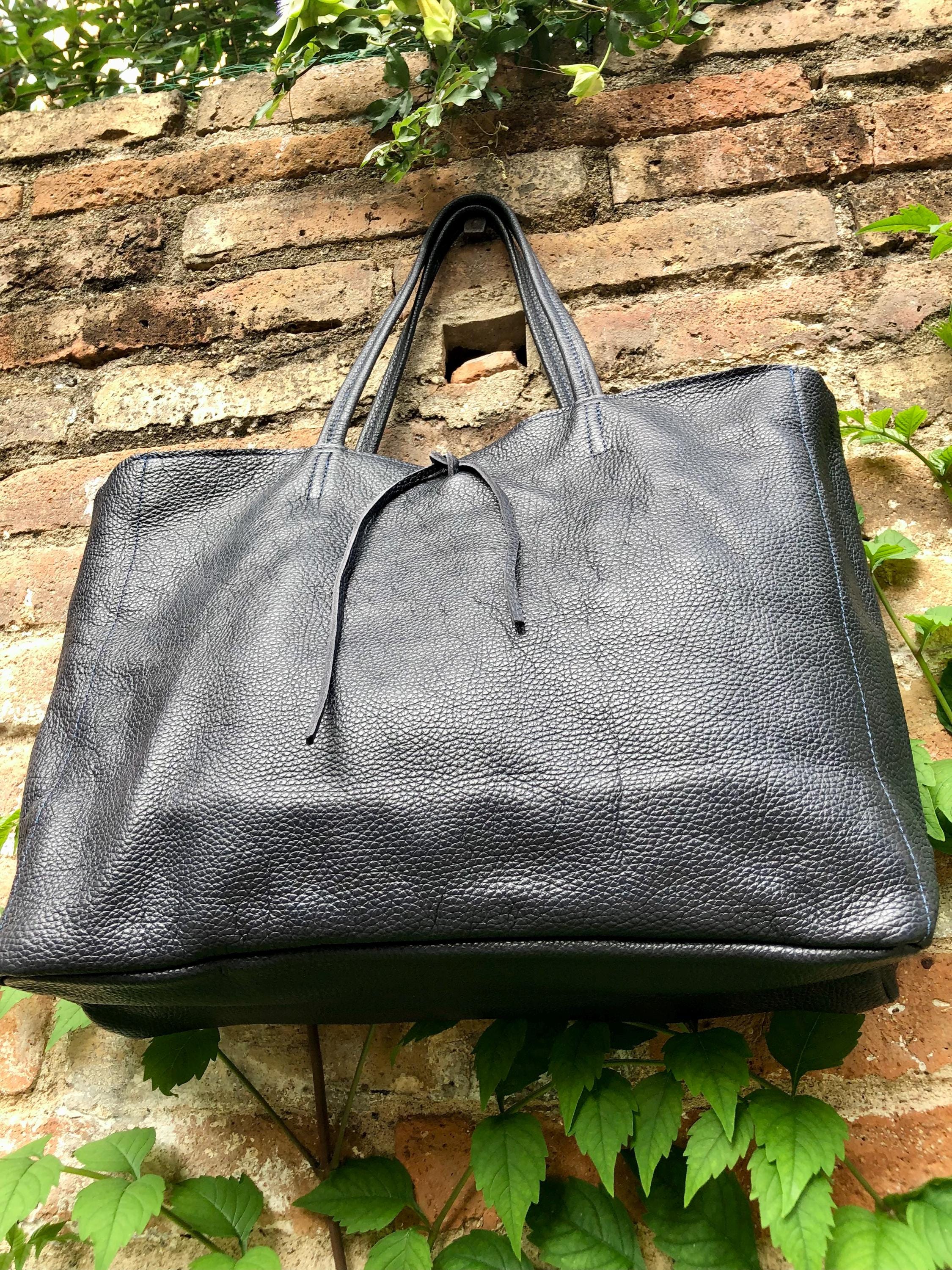 NAVY blue leather bag with zipper. Genuine leather wide style navy shopper. Large DARK BLUE shoulder bag for your laptop, books. Navy purse