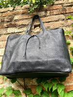 NAVY blue leather bag with zipper. Genuine leather wide style navy shopper. Large DARK BLUE shoulder bag for your laptop, books. Navy purse