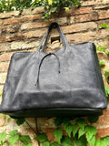 NAVY blue leather bag with zipper. Genuine leather wide style navy shopper. Large DARK BLUE shoulder bag for your laptop, books. Navy purse