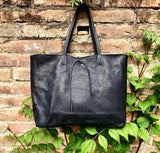 NAVY blue leather bag with zipper. Genuine leather wide style navy shopper. Large DARK BLUE shoulder bag for your laptop, books. Navy purse