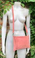 SALMON pink suede leather bag. GENUINE leather small crossbody / shoulder bag. Adjustable strap + zipper. Light pink suede purse with tacks.