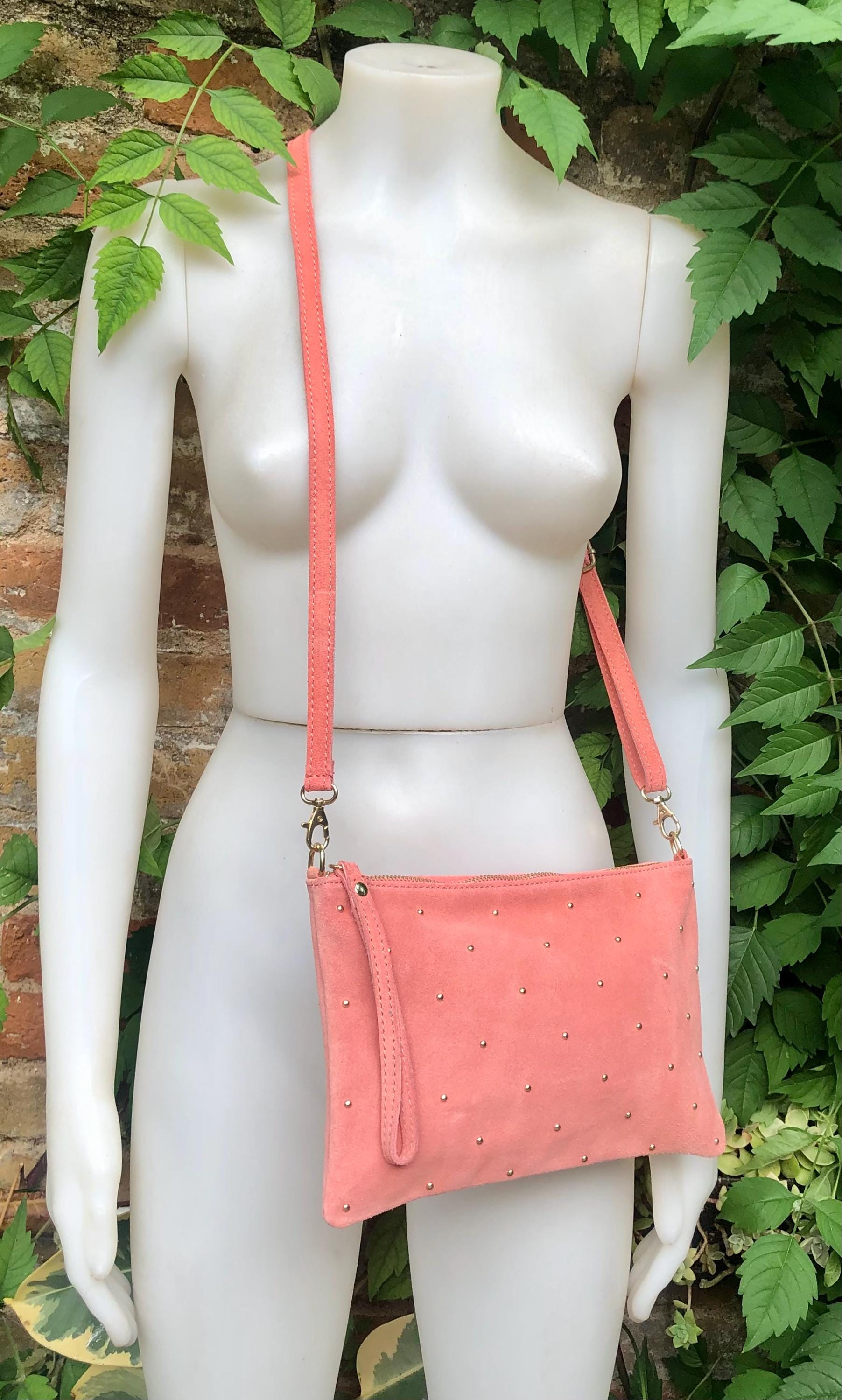 SALMON pink suede leather bag. GENUINE leather small crossbody / shoulder bag. Adjustable strap + zipper. Light pink suede purse with tacks.