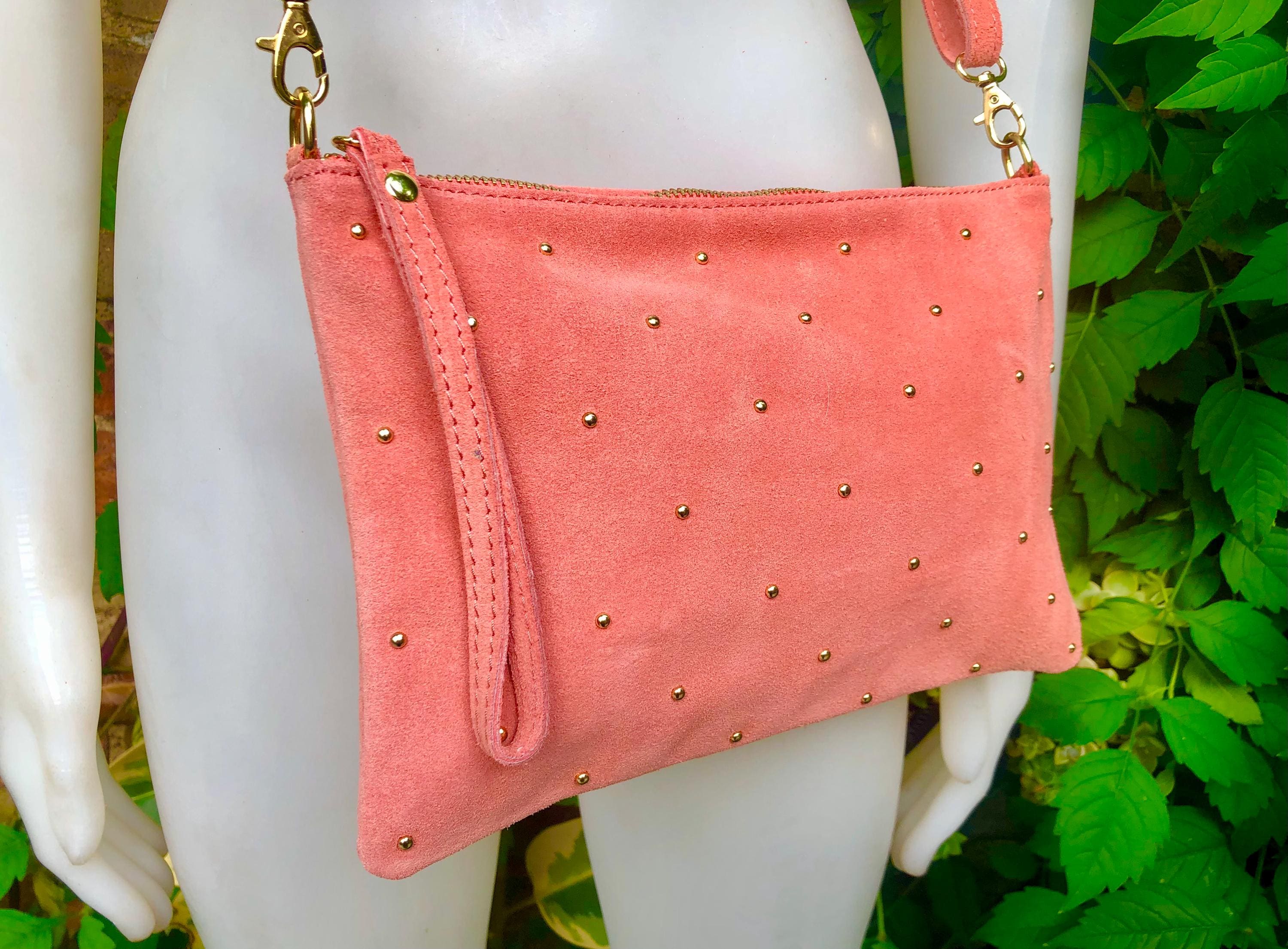 SALMON pink suede leather bag. GENUINE leather small crossbody / shoulder bag. Adjustable strap + zipper. Light pink suede purse with tacks.