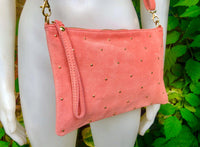 SALMON pink suede leather bag. GENUINE leather small crossbody / shoulder bag. Adjustable strap + zipper. Light pink suede purse with tacks.