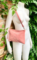 SALMON pink suede leather bag. GENUINE leather small crossbody / shoulder bag. Adjustable strap + zipper. Light pink suede purse with tacks.