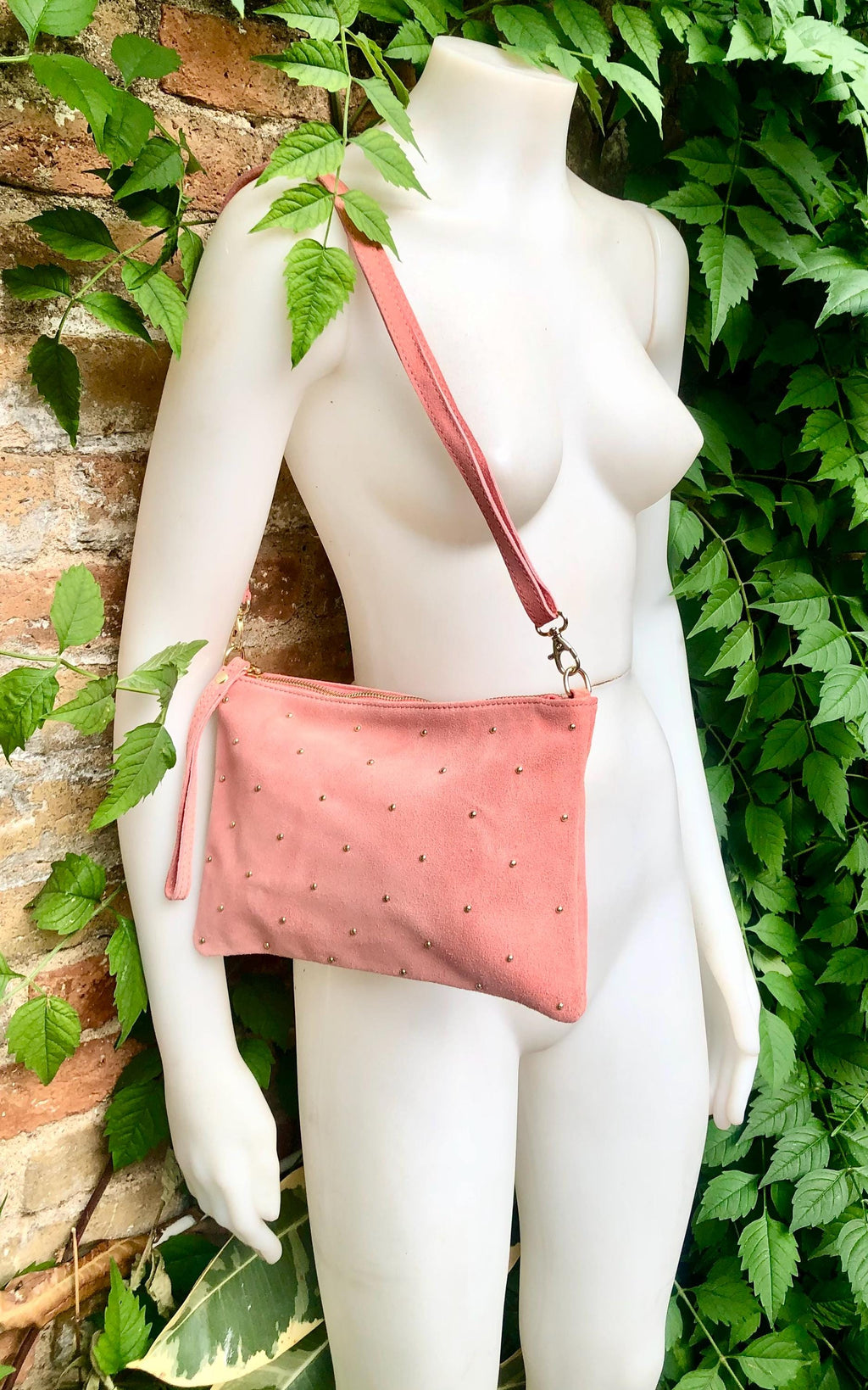 SALMON pink suede leather bag. GENUINE leather small crossbody / shoulder bag. Adjustable strap + zipper. Light pink suede purse with tacks.