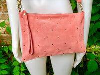SALMON pink suede leather bag. GENUINE leather small crossbody / shoulder bag. Adjustable strap + zipper. Light pink suede purse with tacks.