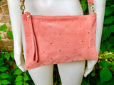 SALMON pink suede leather bag. GENUINE leather small crossbody / shoulder bag. Adjustable strap + zipper. Light pink suede purse with tacks.