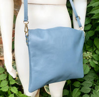 Genuine leather shoulder / crossbody bag in denim blue. Leather shopper in blue - gray. Soft natural GENUINE leather. Blue leather purse.