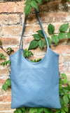 Genuine leather shoulder / crossbody bag in denim blue. Leather shopper in blue - gray. Soft natural GENUINE leather. Blue leather purse.