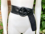 Black leather waist belt with large round buckle. Boho soft leather belt in BLACK Genuine leather dress belt. Black wide leather belt.