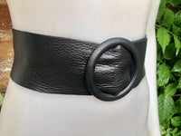 Black leather waist belt with large round buckle. Boho soft leather belt in BLACK Genuine leather dress belt. Black wide leather belt.