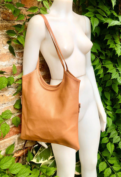 Genuine leather shoulder / crossbody bag in CAMEL brown. Leather shopper in saddle brown. Soft natural GENUINE leather. TAN leather purse.