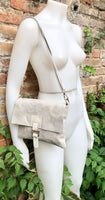 Beige crossbody bag. Genuine leather small leather bag. Messenger bag with zipper and flap. Small light beige leather purse. Glossy purse.