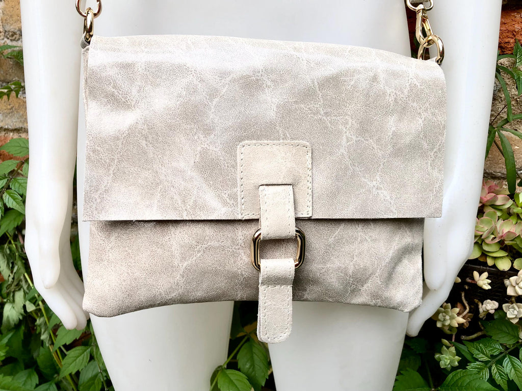 Beige crossbody bag. Genuine leather small leather bag. Messenger bag with zipper and flap. Small light beige leather purse. Glossy purse.