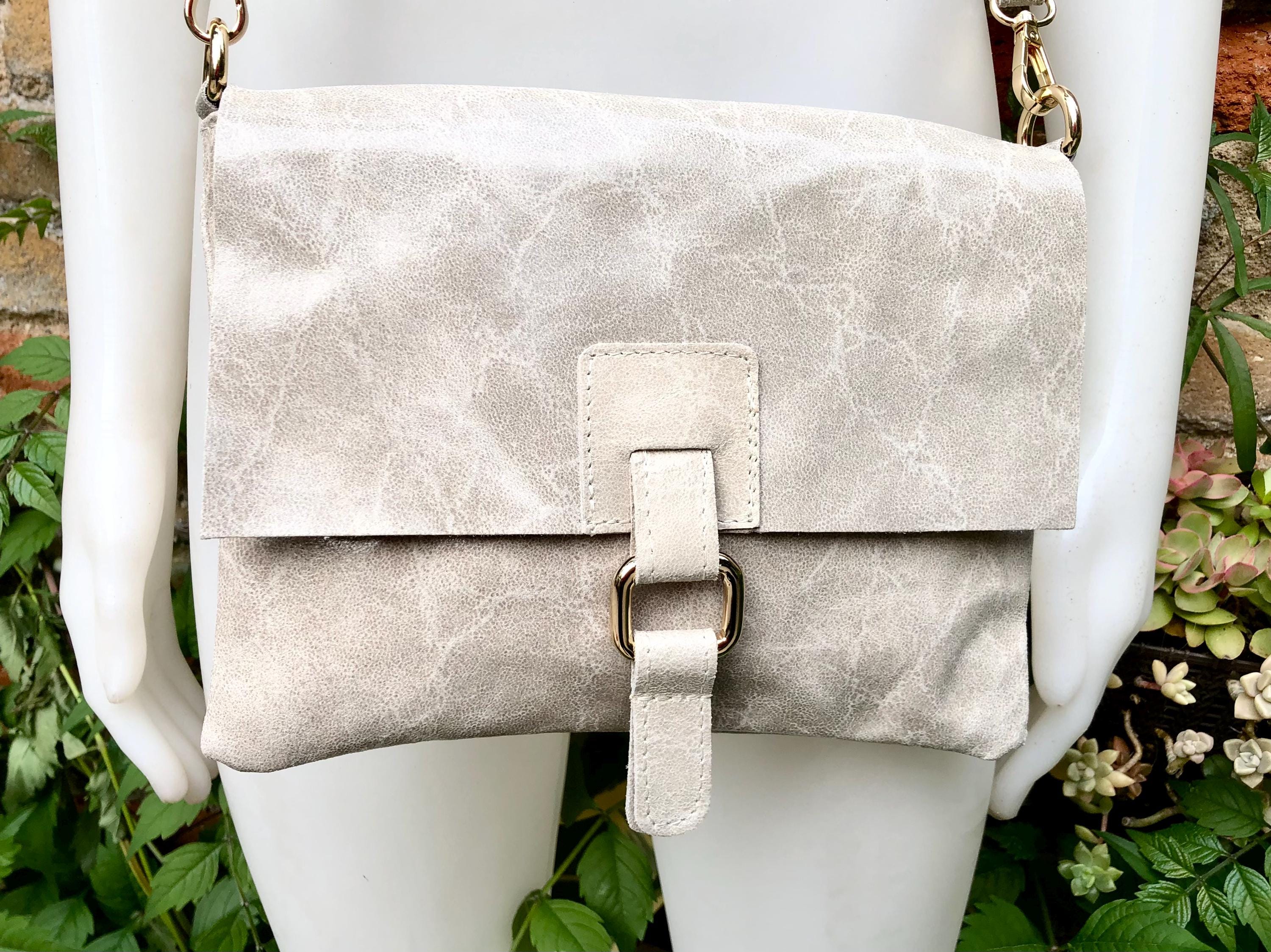 Beige crossbody bag. Genuine leather small leather bag. Messenger bag with zipper and flap. Small light beige leather purse. Glossy purse.