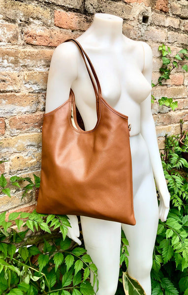 Genuine leather shoulder / crossbody bag in CAMEL brown. Leather shopper in saddle brown. Soft natural GENUINE leather. TAN leather purse.