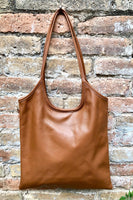 Genuine leather shoulder / crossbody bag in CAMEL brown. Leather shopper in saddle brown. Soft natural GENUINE leather. TAN leather purse.