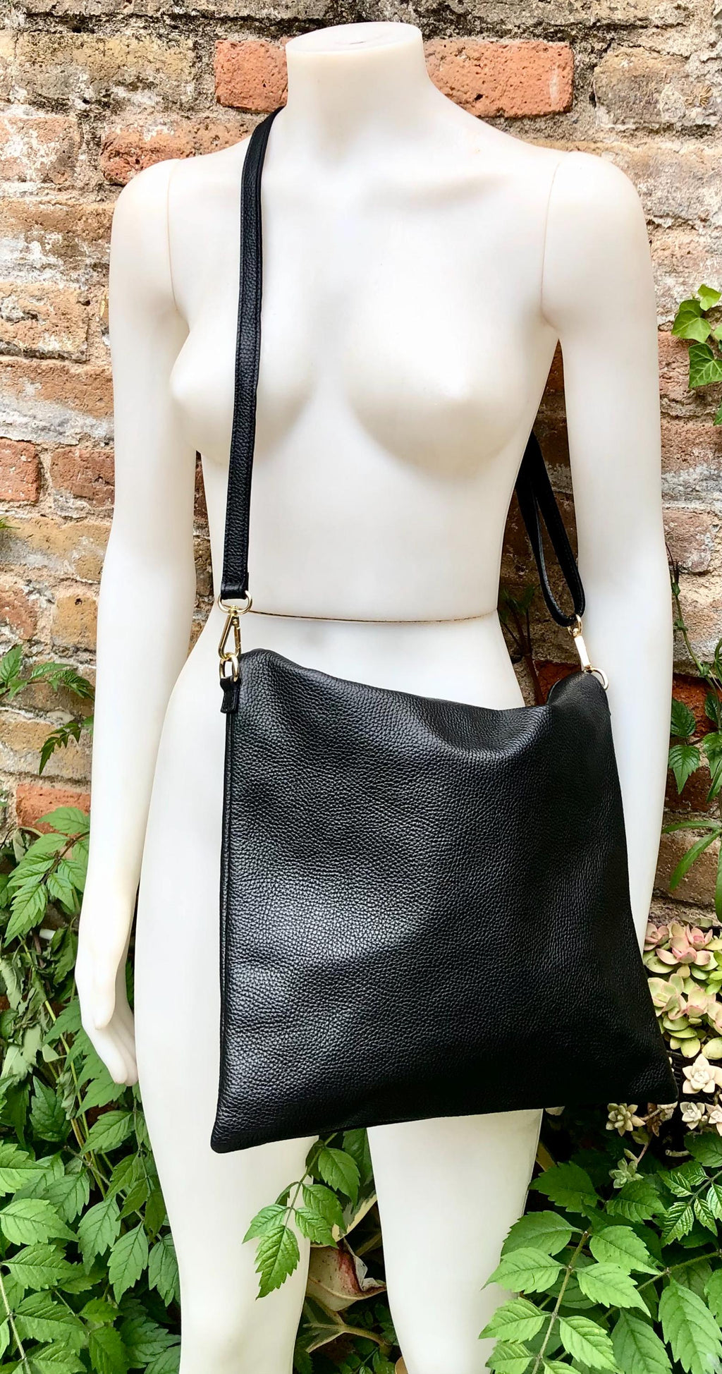 BLACK genuine leather shoulder / crossbody bag. BLACK leather shopper in Soft natural leather. BLACK leather purse. Shoulder + longer strap