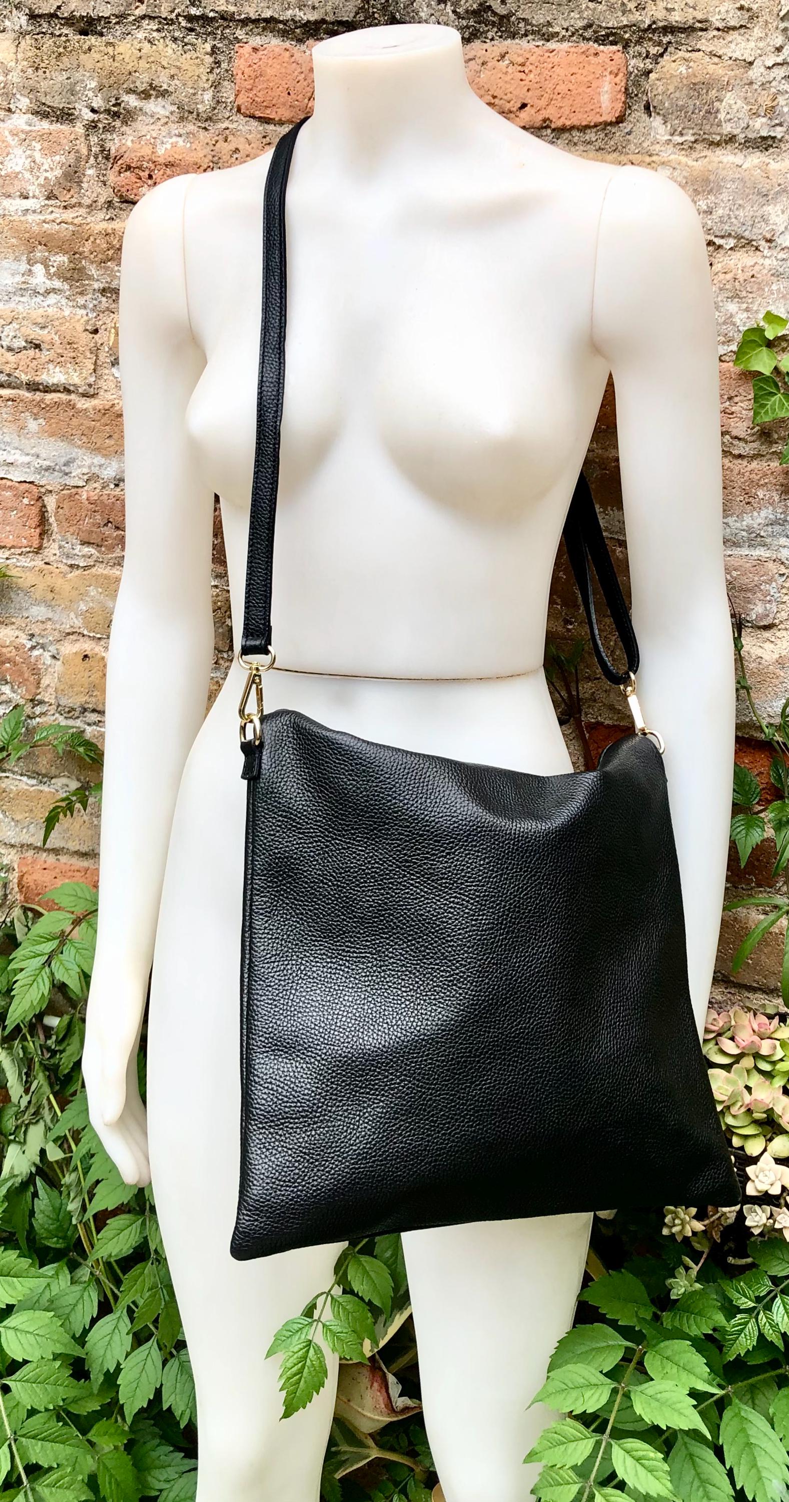 BLACK genuine leather shoulder / crossbody bag. BLACK leather shopper in Soft natural leather. BLACK leather purse. Shoulder + longer strap