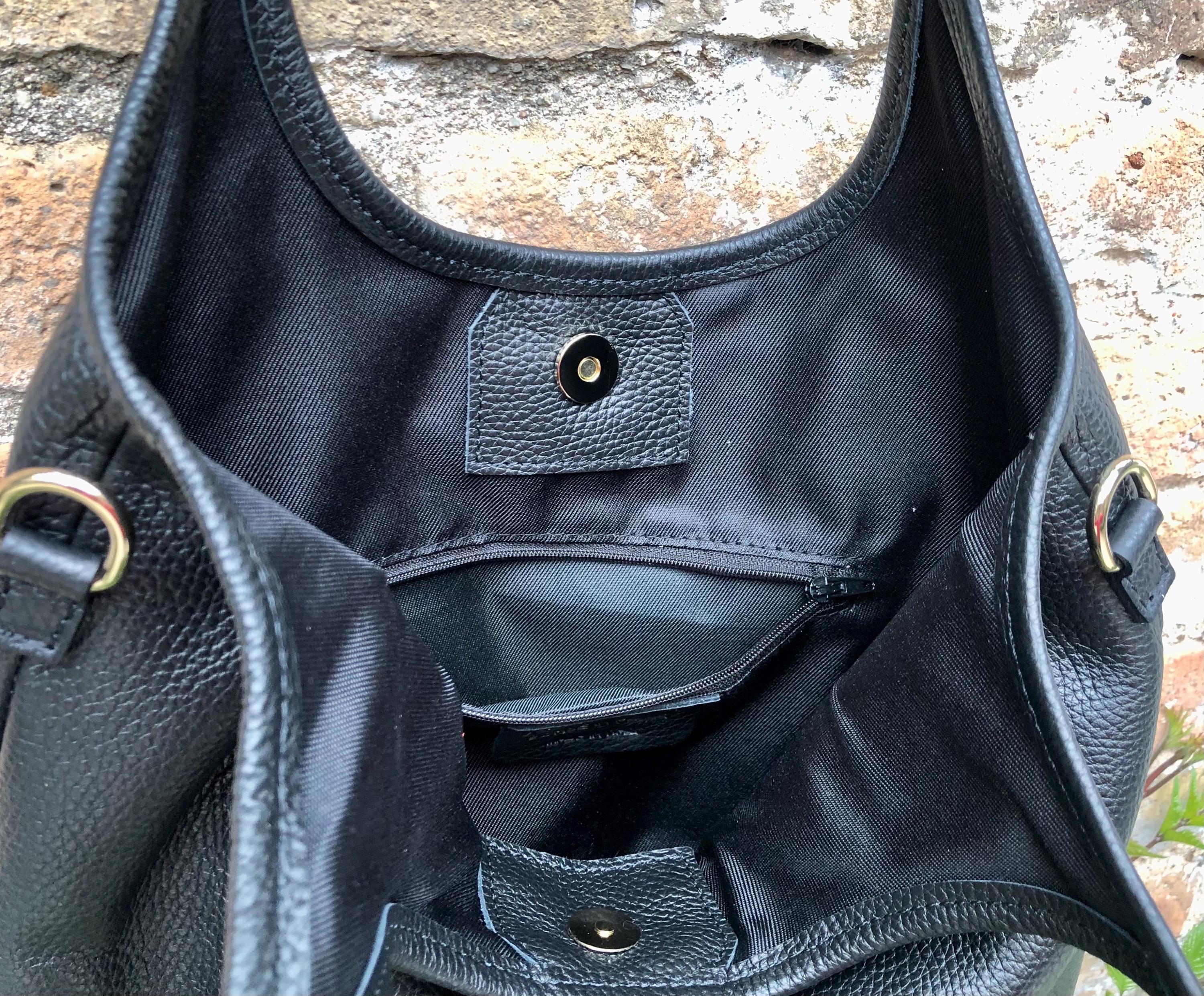 BLACK genuine leather shoulder / crossbody bag. BLACK leather shopper in Soft natural leather. BLACK leather purse. Shoulder + longer strap