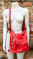 Genuine leather rucksack/ shoulder bag / crossbody in RED. Soft genuine WASHED leather shopper. Distressed, vintage RED leather bag.