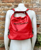 Genuine leather rucksack/ shoulder bag / crossbody in RED. Soft genuine WASHED leather shopper. Distressed, vintage RED leather bag.