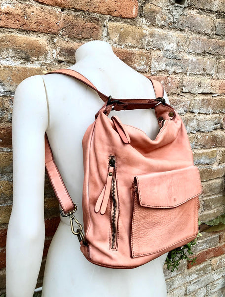 Genuine leather rucksack/ shoulder bag / crossbody in PINK. Soft genuine WASHED leather shopper. Distressed, vintage PINK leather bag.