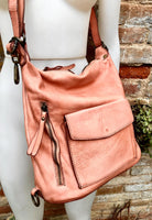 Genuine leather rucksack/ shoulder bag / crossbody in PINK. Soft genuine WASHED leather shopper. Distressed, vintage PINK leather bag.