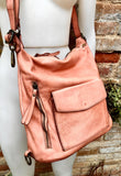 Genuine leather rucksack/ shoulder bag / crossbody in PINK. Soft genuine WASHED leather shopper. Distressed, vintage PINK leather bag.