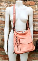 Genuine leather rucksack/ shoulder bag / crossbody in PINK. Soft genuine WASHED leather shopper. Distressed, vintage PINK leather bag.
