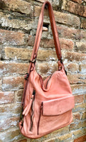 Genuine leather rucksack/ shoulder bag / crossbody in PINK. Soft genuine WASHED leather shopper. Distressed, vintage PINK leather bag.
