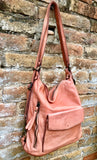 Genuine leather rucksack/ shoulder bag / crossbody in PINK. Soft genuine WASHED leather shopper. Distressed, vintage PINK leather bag.