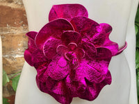 Flower leather belt in METALLIC hot PINK. Waist, overall or dress belt. Genuine leather. Fuchsia pink rose belt. Large hot pink flower.