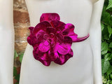 Flower leather belt in METALLIC hot PINK. Waist, overall or dress belt. Genuine leather. Fuchsia pink rose belt. Large hot pink flower.