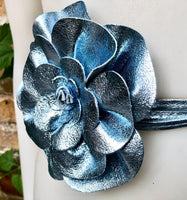 Flower leather belt in metallic LIGHT BLUE. Waist, overall or dress belt. Genuine leather. Silver blue rose belt. Large light blue flower.
