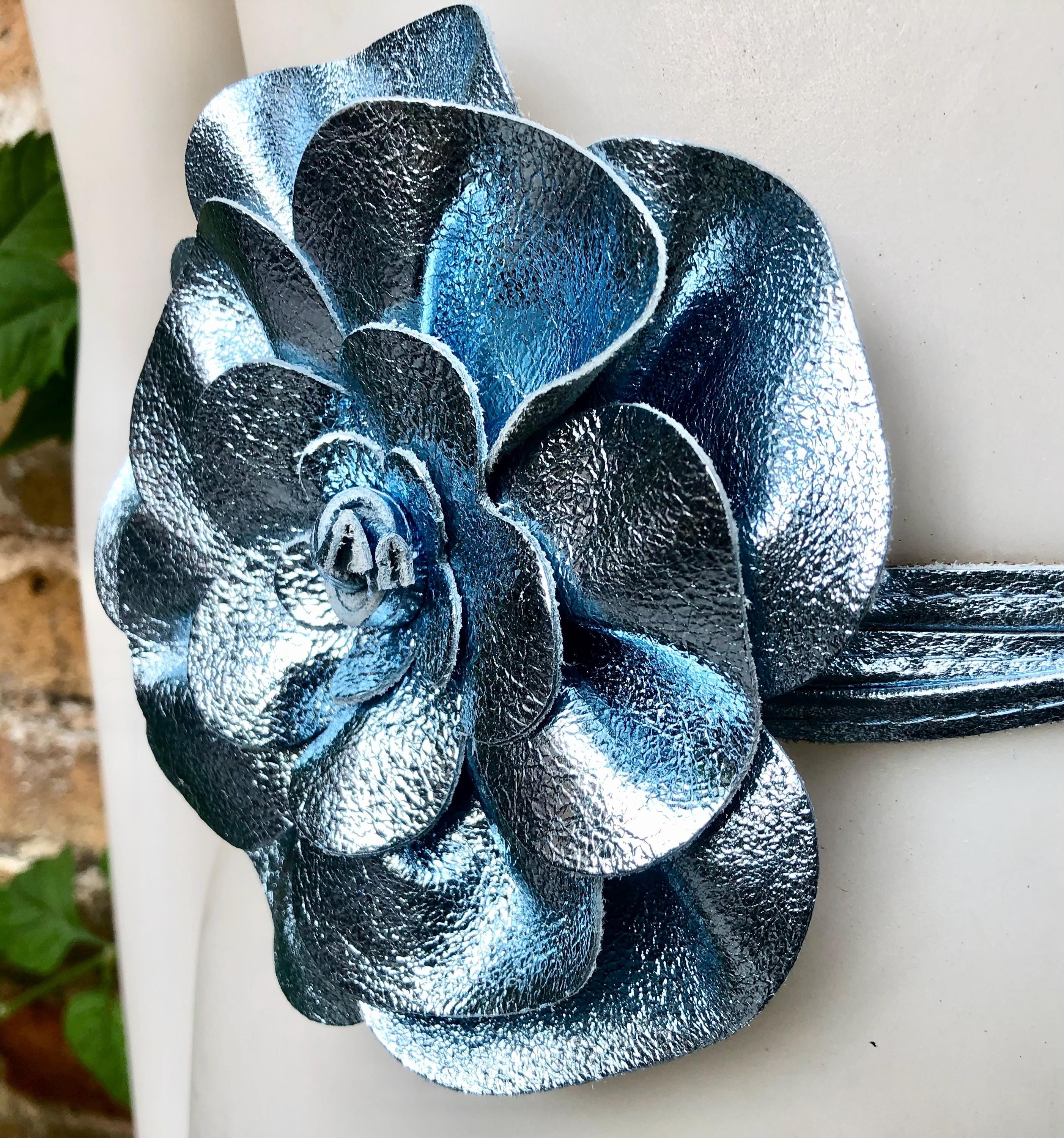 Flower leather belt in metallic LIGHT BLUE. Waist, overall or dress belt. Genuine leather. Silver blue rose belt. Large light blue flower.