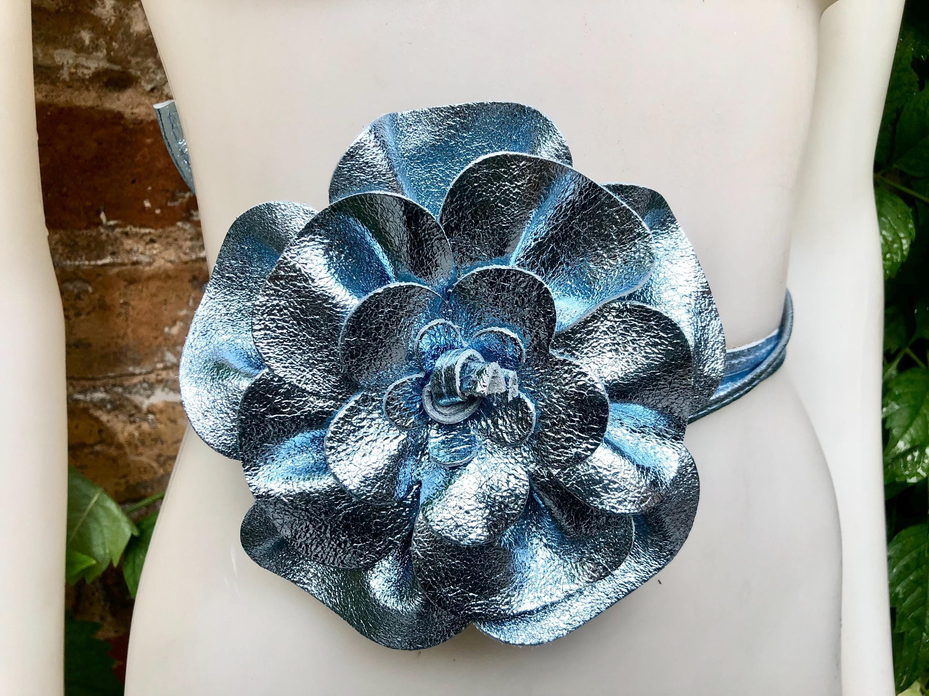 Flower leather belt in metallic LIGHT BLUE. Waist, overall or dress belt. Genuine leather. Silver blue rose belt. Large light blue flower.