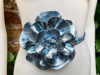 Flower leather belt in metallic LIGHT BLUE. Waist, overall or dress belt. Genuine leather. Silver blue rose belt. Large light blue flower.