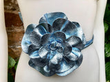 Flower leather belt in metallic LIGHT BLUE. Waist, overall or dress belt. Genuine leather. Silver blue rose belt. Large light blue flower.