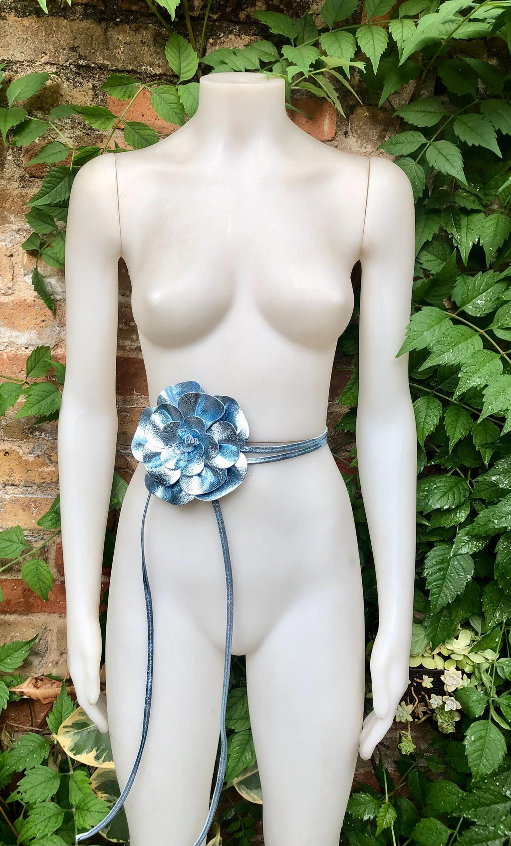 Flower leather belt in metallic LIGHT BLUE. Waist, overall or dress belt. Genuine leather. Silver blue rose belt. Large light blue flower.